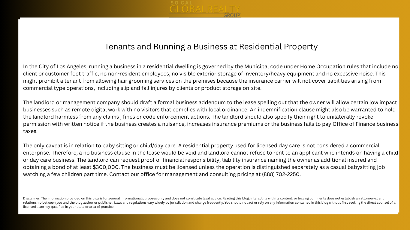 Tenants and Running a Business at Residential Property